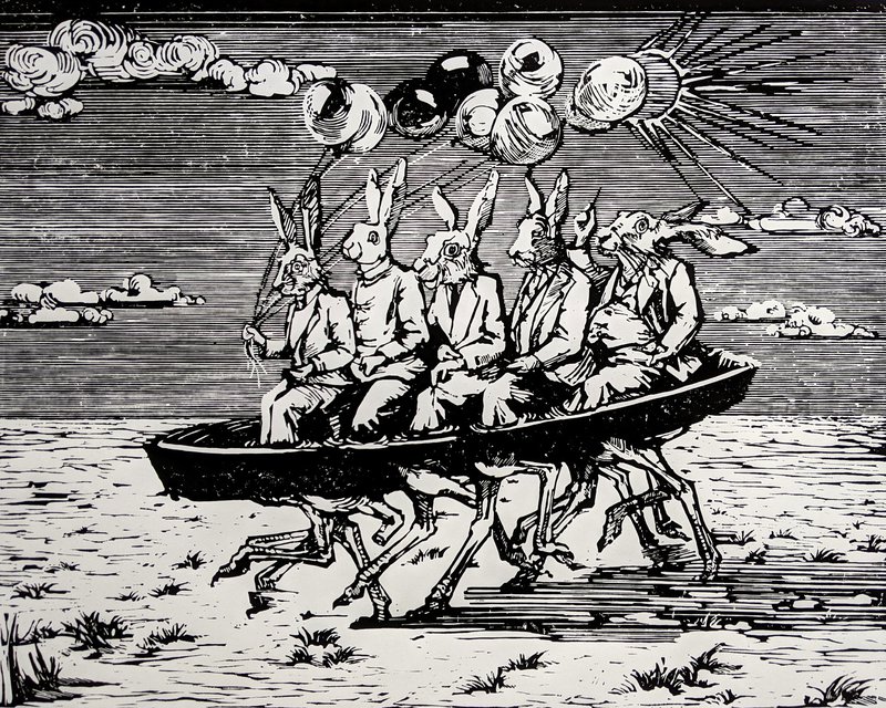 Ein Boot wird von Straussenbeinen bewegt. Hasen sitzen im Boot, der erste hält Luftballons, die dahinter einen Piekser.