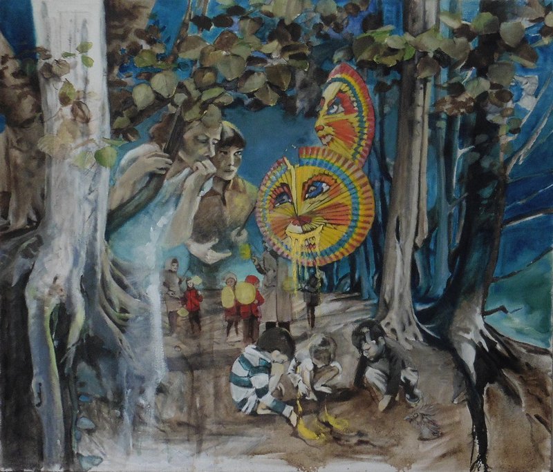 Gemälde mit Lampions, Kindern im Wald