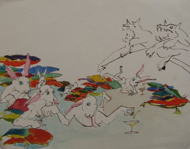 Darstellung von Hunden, die cocktailtrinkende Hasen reissen.